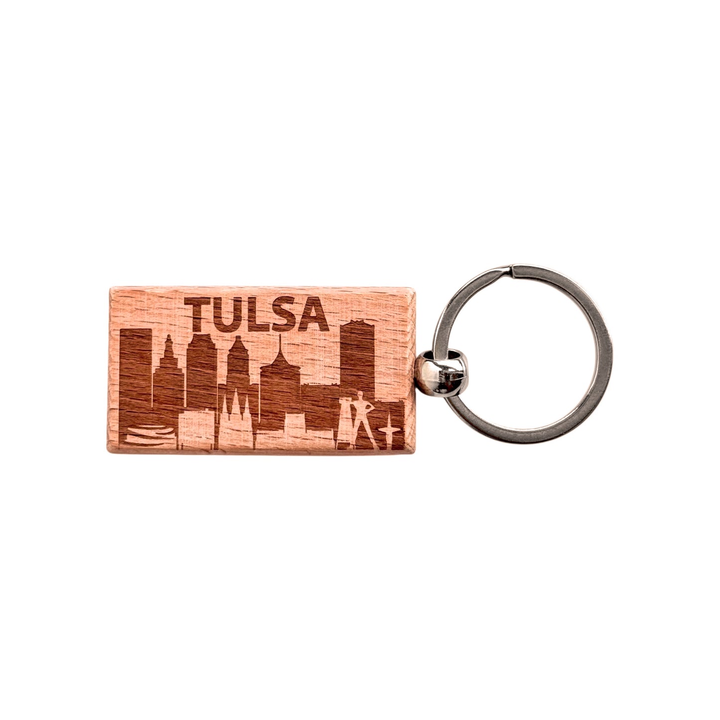 Rectangular wood keychain engraved with the Tulsa skyline and iconic landmarks including the Golden Driller.