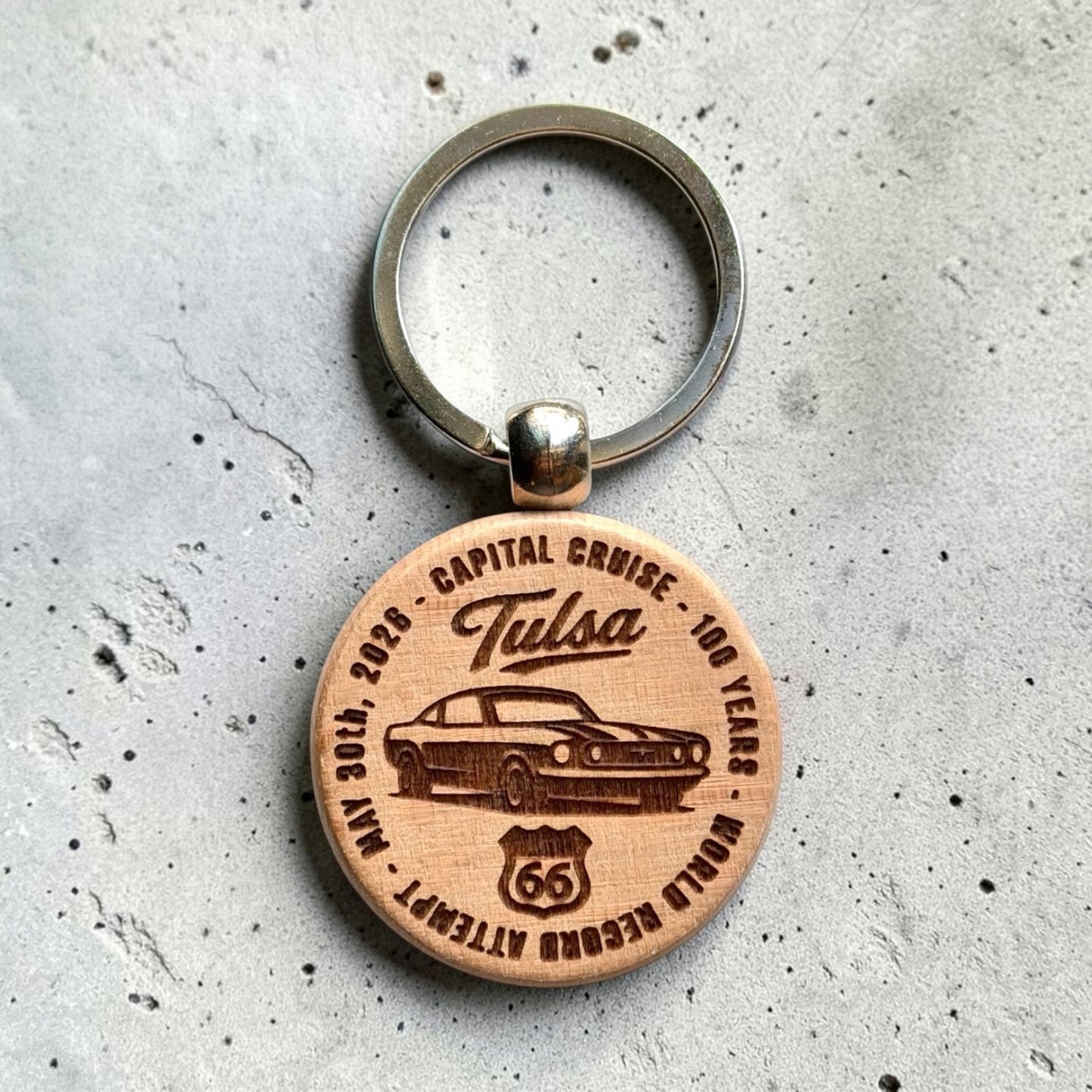 Tulsa Capital Cruise Route 66 Wood Keychain