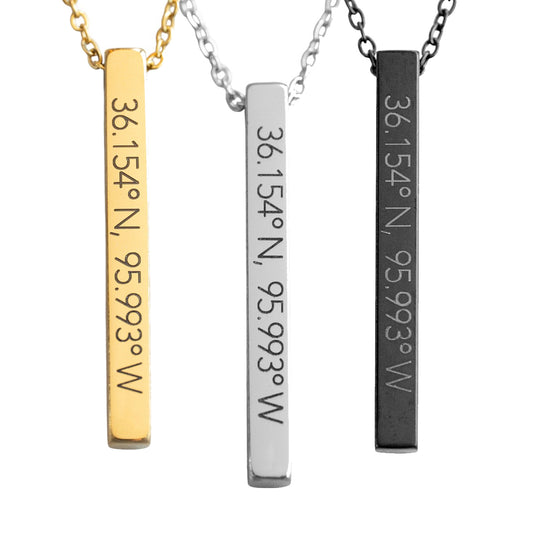 Gold Silver and Black necklaces that feature the Tulsa Coordinates engraved 