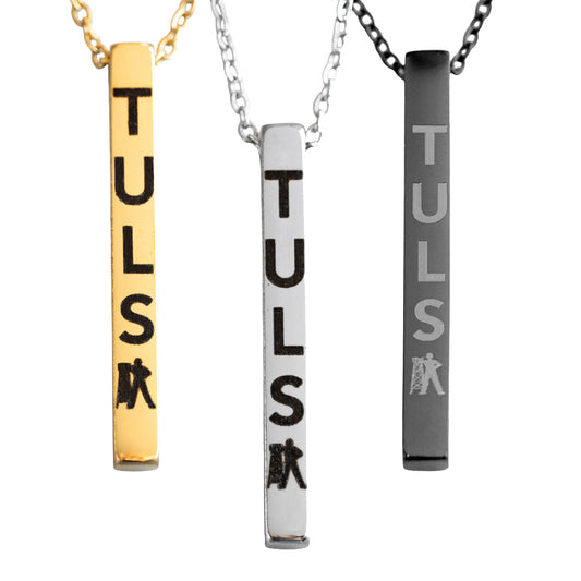 Vertical Bar necklaces with the text "Tulsa" with the A being the Driller Statue
