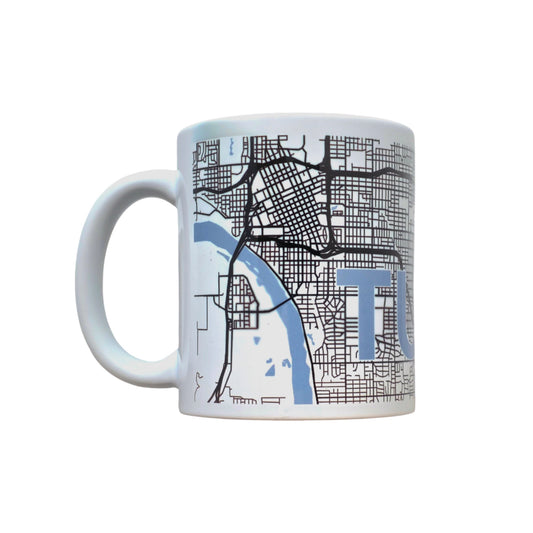 White ceramic mug with detailed Tulsa city map and river design.