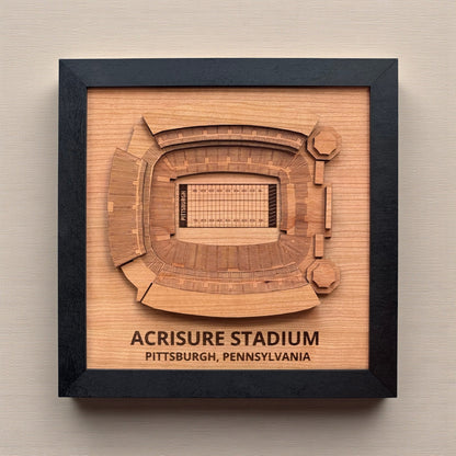 Close up of layered Acrisure Stadium wood wall art showing engraved seating sections and detailed football field markings