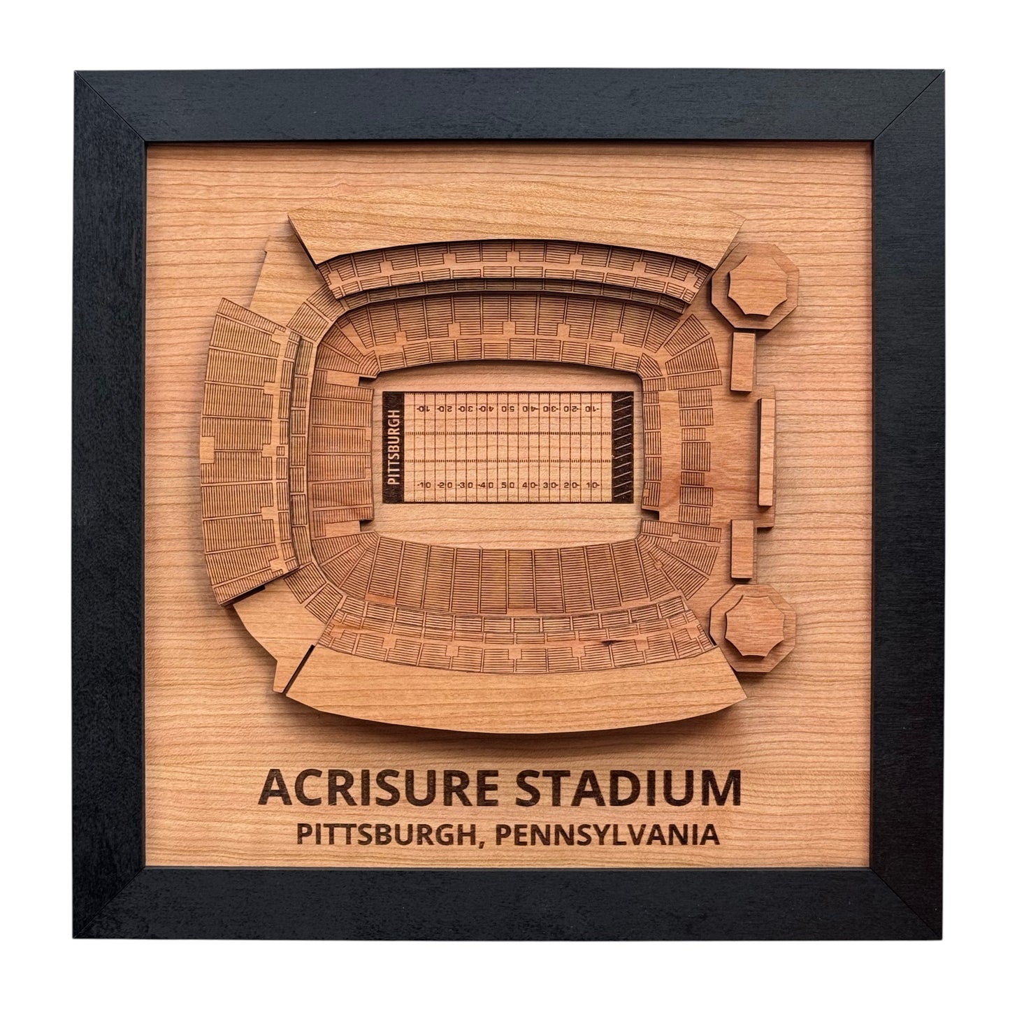 Framed Acrisure Stadium wooden wall art showing layered football stadium seating and field layout, Pittsburgh football stadium decor made from wood