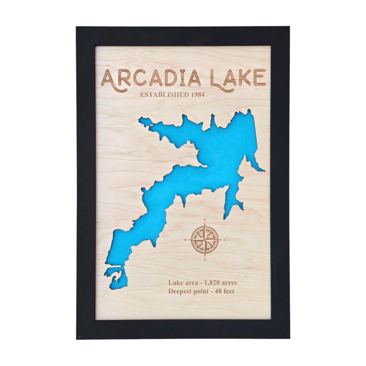 Detailed close-up of Arcadia Lake wood map showing precision laser engraving and layered blue water effect, Oklahoma lake house decor.