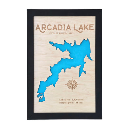 Detailed close-up of Arcadia Lake wood map showing precision laser engraving and layered blue water effect, Oklahoma lake house decor.