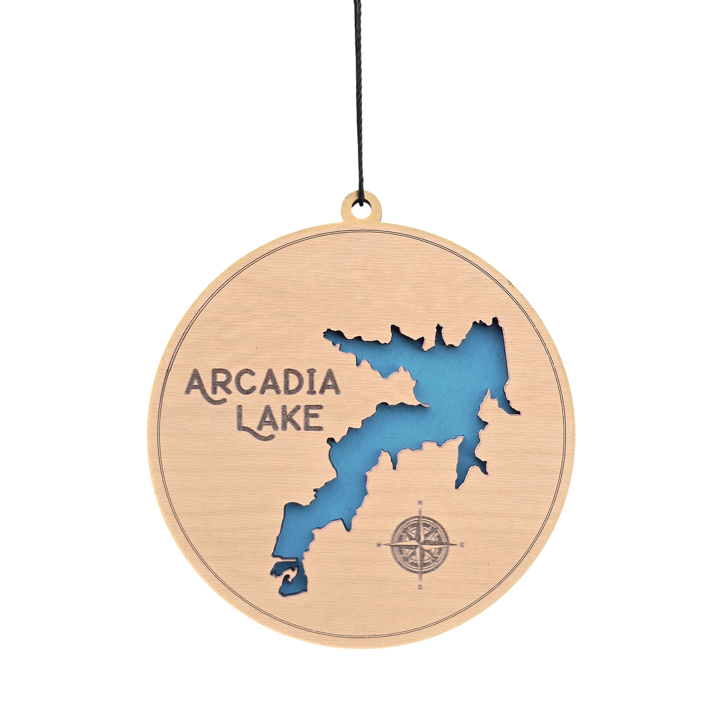 Arcadia Lake layered wood ornament with precision laser-cut lake map and engraved details, made by The Curious Bison in Tulsa, Oklahoma.