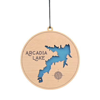 Arcadia Lake layered wood ornament with precision laser-cut lake map and engraved details, made by The Curious Bison in Tulsa, Oklahoma.