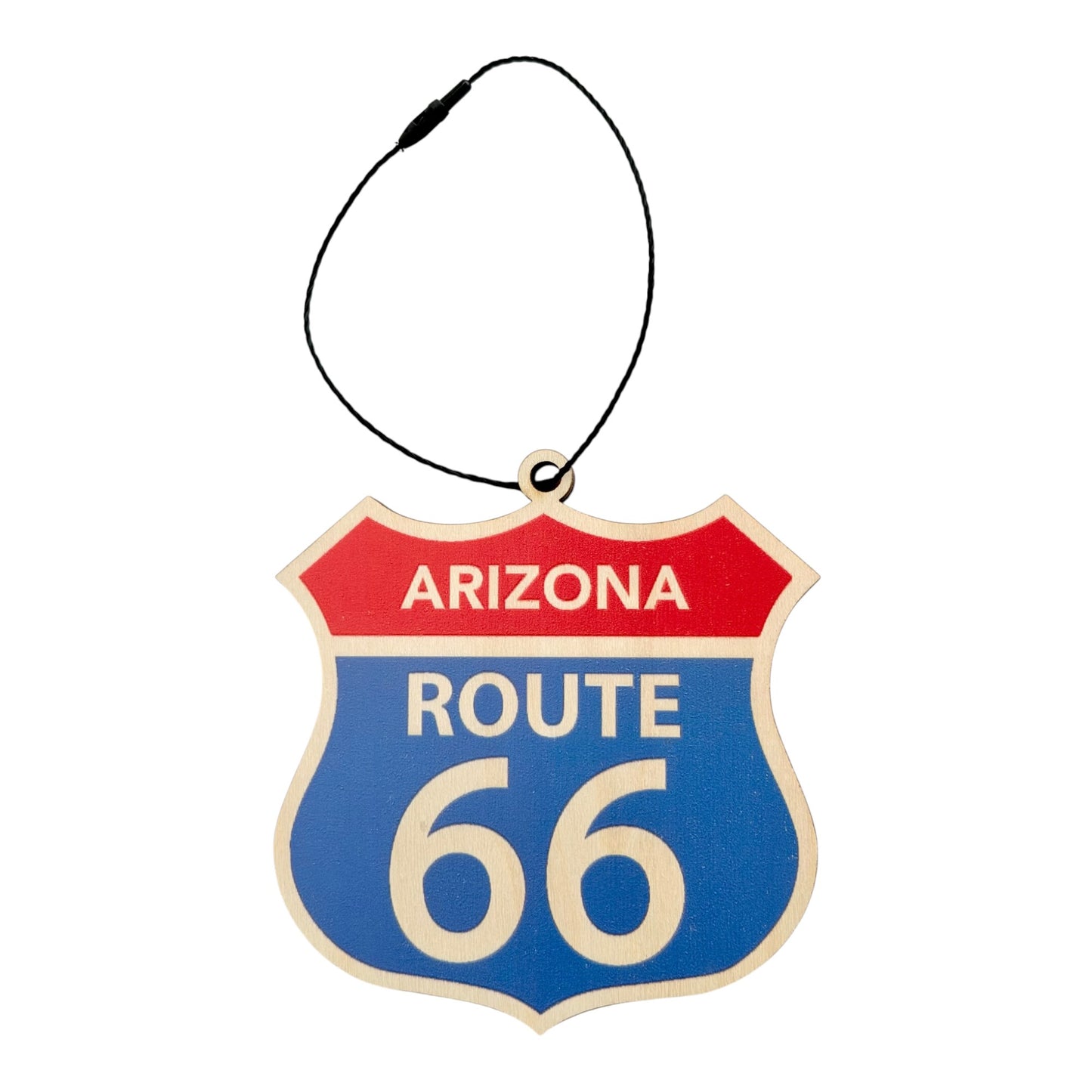 Arizona Route 66 shield wood ornament with classic red white and blue highway sign design and black hanging cord, laser cut Route 66 travel souvenir ornament