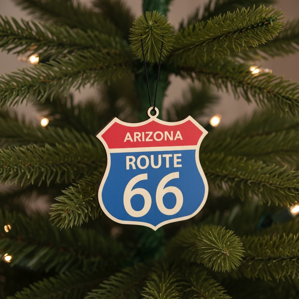 Arizona Route 66 wooden ornament hanging on a Christmas tree with warm lights, vintage highway sign ornament for Route 66 travelers and Arizona souvenir collectors