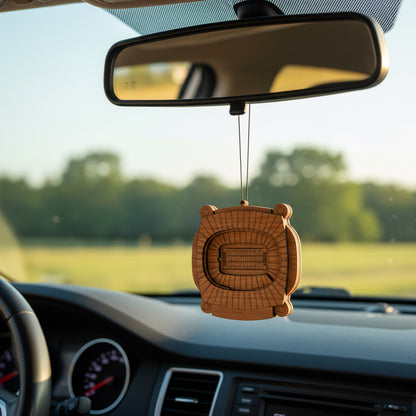 Wooden Arrowhead Stadium car ornament hanging from rearview mirror, laser engraved football stadium top view design with layered wood detail, lightweight auto accessory gift for Kansas City football fans, game day travelers, and USA stadium souvenir collectors