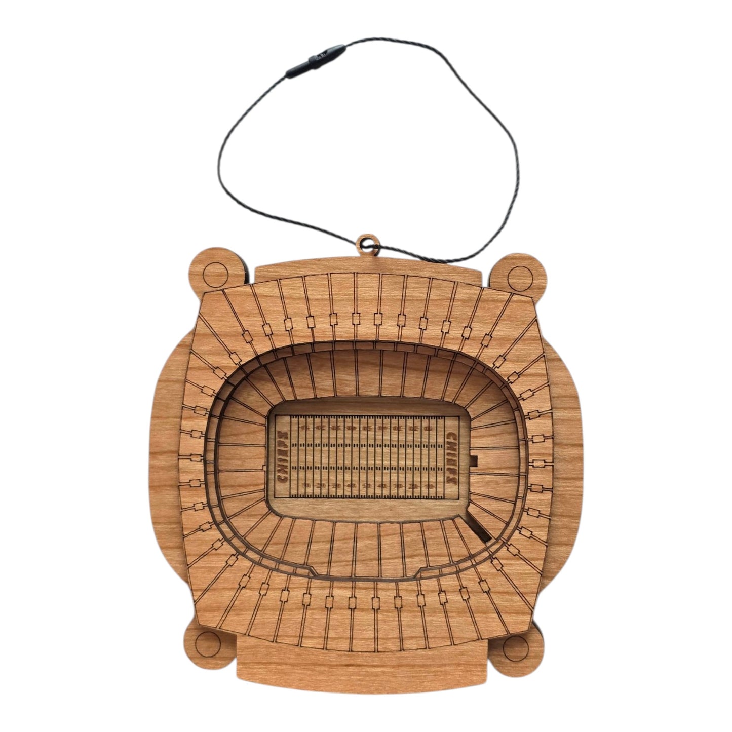 Wooden Arrowhead Stadium ornament showing laser cut football stadium layout with seating sections and field markings, Kansas City football stadium ornament for fan gift or travel souvenir