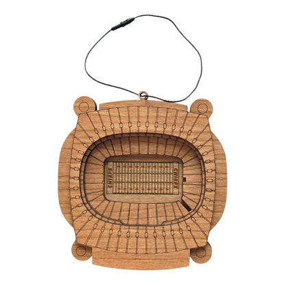 Wooden Arrowhead Stadium ornament showing laser cut football stadium layout with seating sections and field markings, Kansas City football stadium ornament for fan gift or travel souvenir