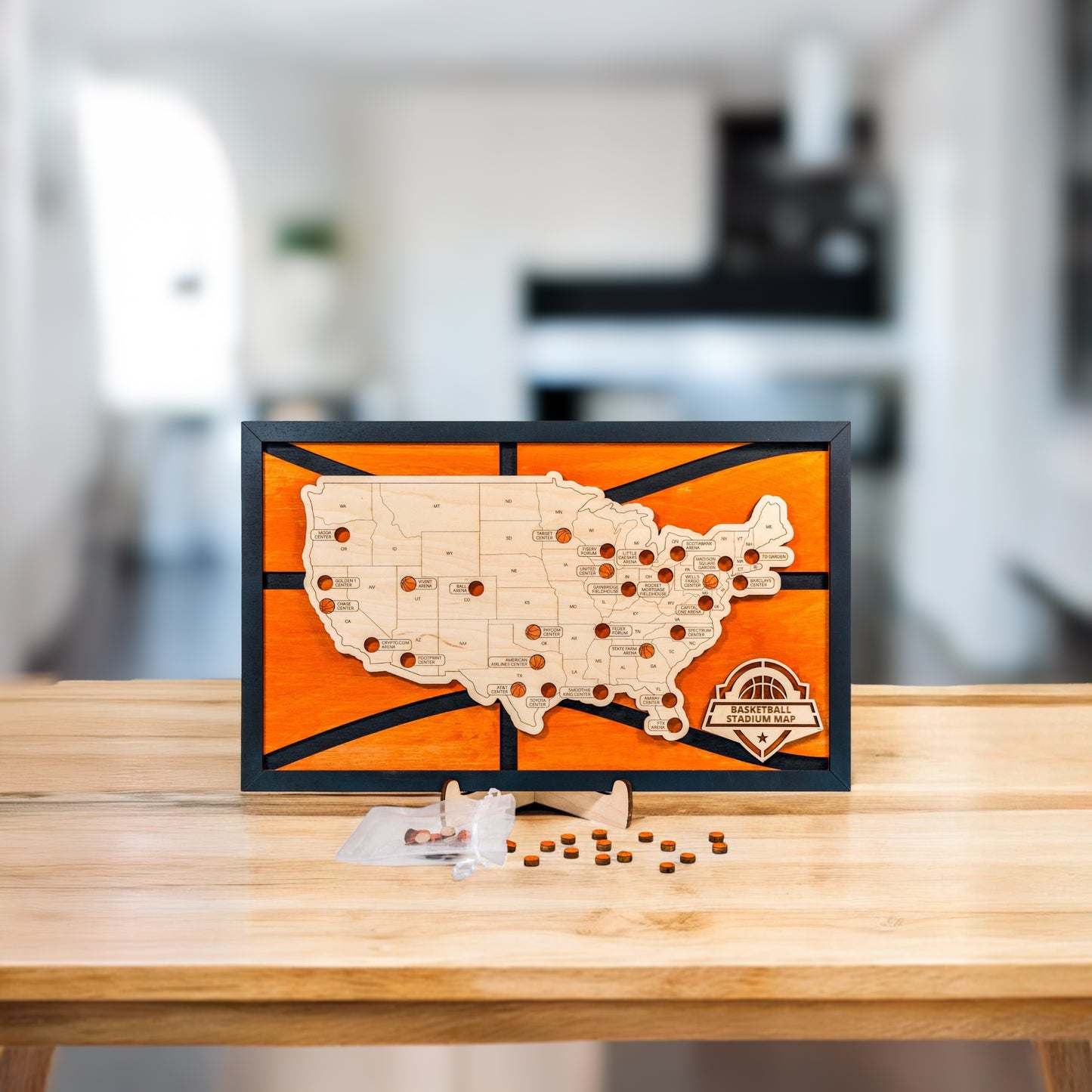 USA basketball stadium wooden map with basketball markers and drawstring storage bag