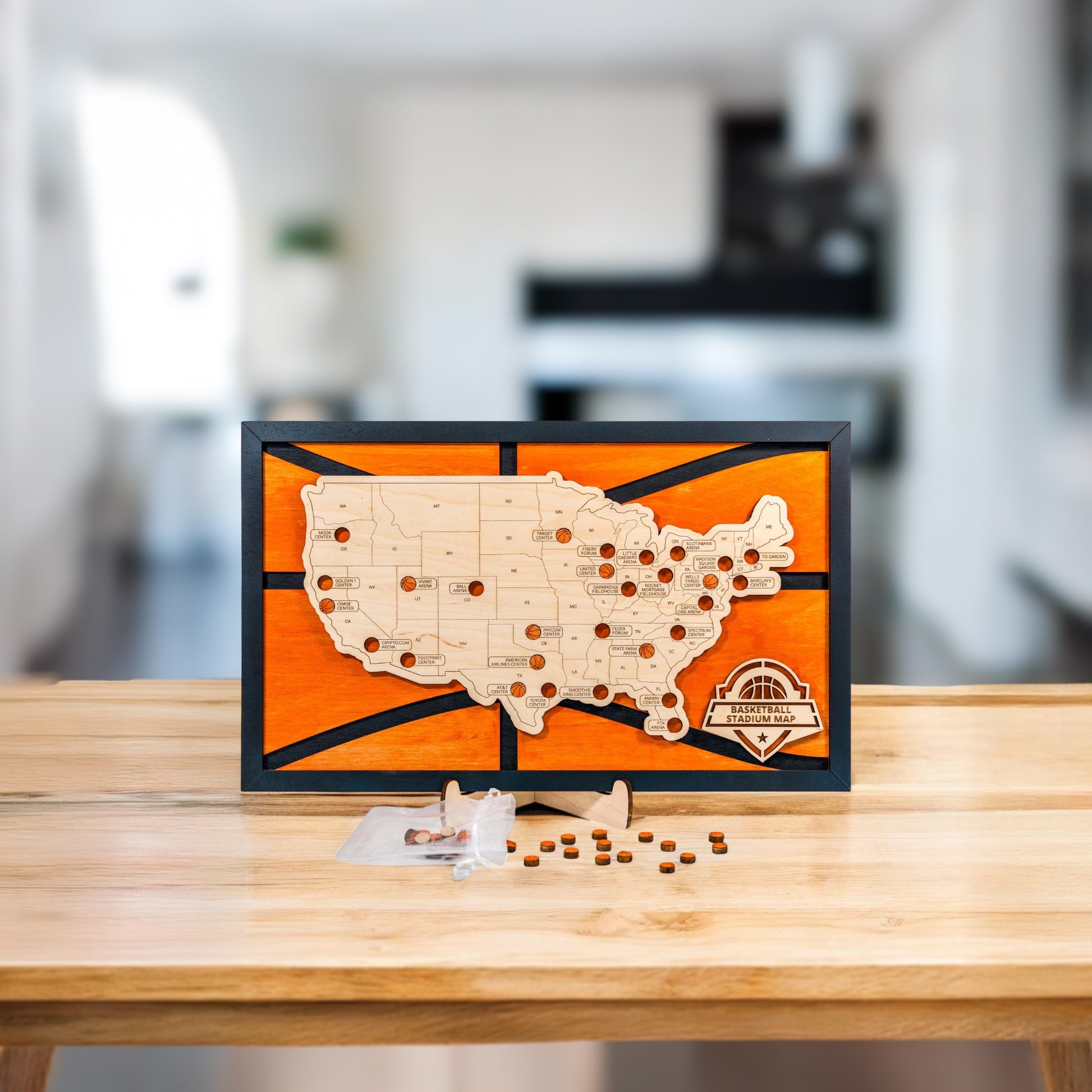 USA basketball stadium wooden map with basketball markers and drawstring storage bag