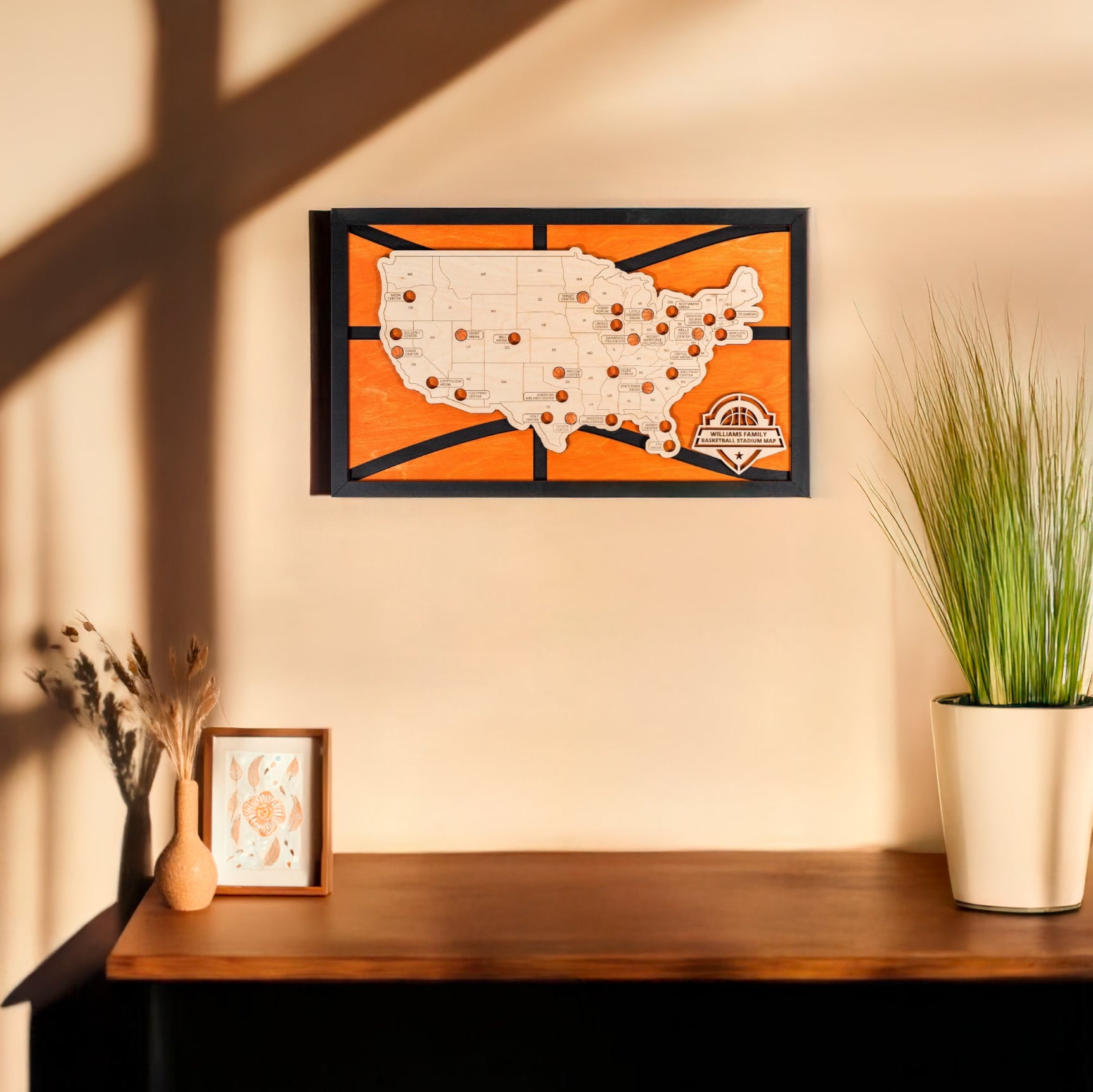 Wooden USA basketball stadium travel map displayed on a wall as sports themed home decor