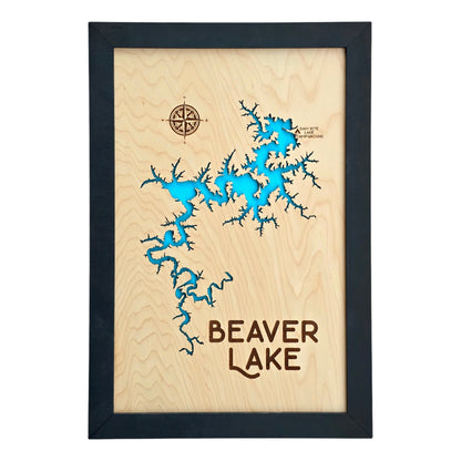 Close-up of Beaver Lake 3D layered wood map showing engraved details and bright blue water, handmade in Oklahoma by The Curious Bison.