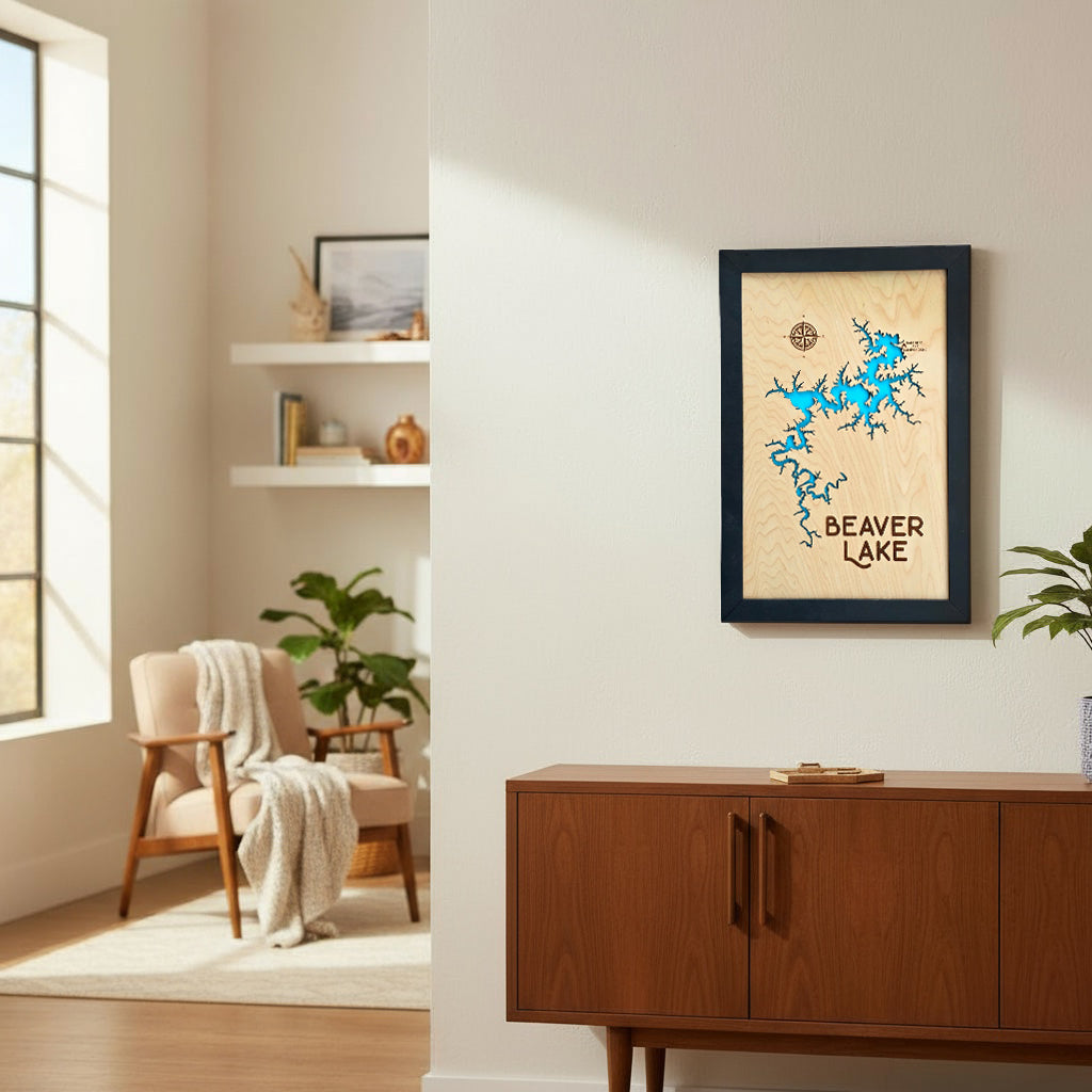 Beaver Lake 3D wooden map hanging in a bright modern living space, handcrafted Arkansas lake wall art by The Curious Bison.
