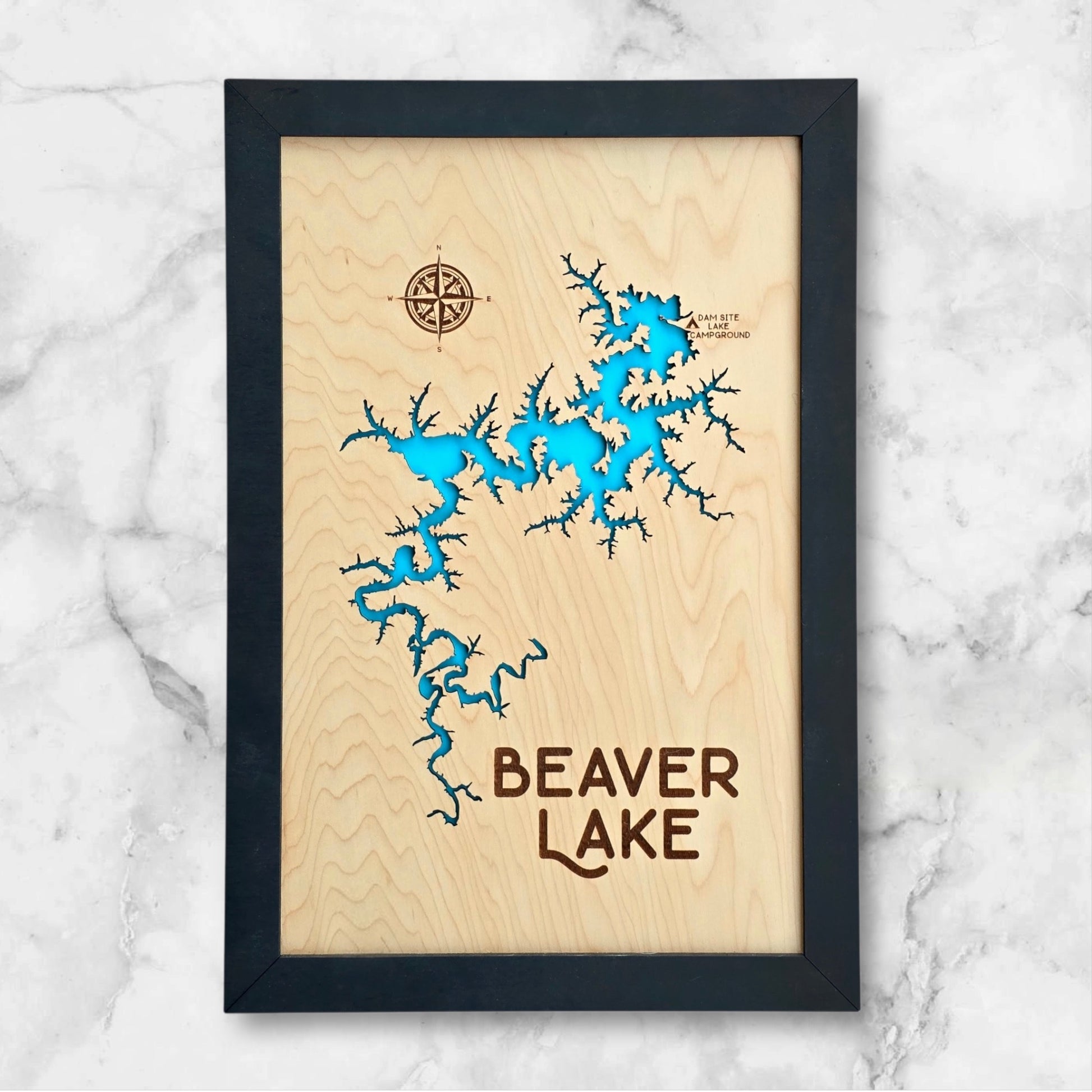 Framed Beaver Lake engraved wooden map with blue acrylic water detail, laser-cut Arkansas lake art by The Curious Bison.