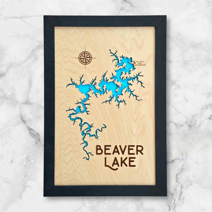 Framed Beaver Lake engraved wooden map with blue acrylic water detail, laser-cut Arkansas lake art by The Curious Bison.