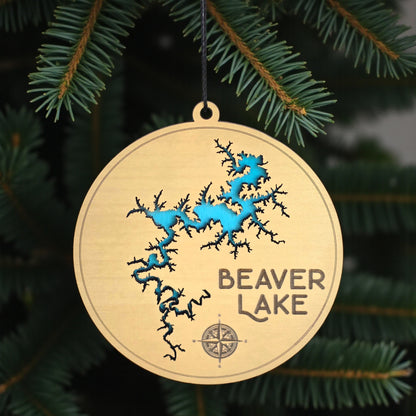 Beaver Lake wooden ornament hanging on evergreen tree, layered wood lake map ornament with blue painted water detail and hanging cord