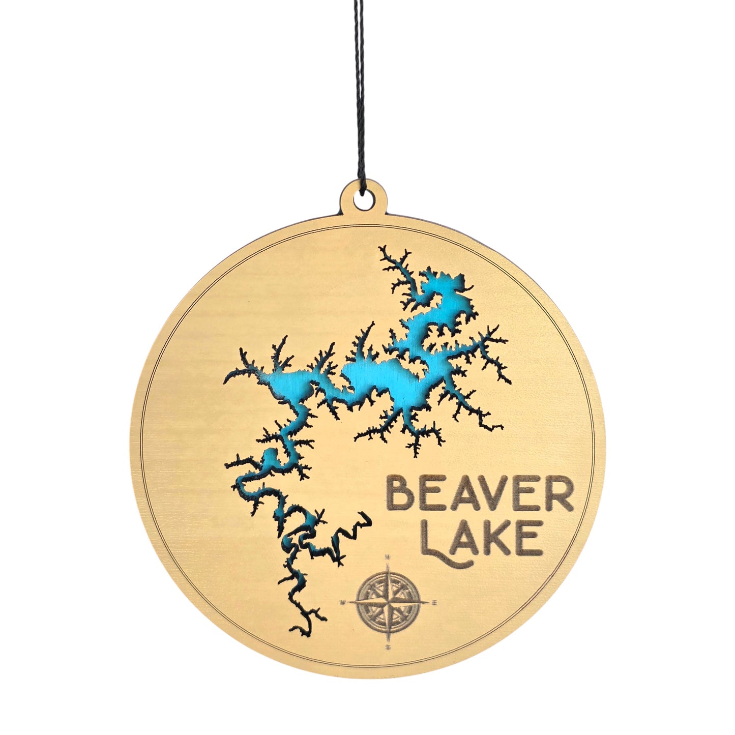 Beaver Lake wooden ornament with layered lake map design, round laser cut wood ornament showing blue painted water layer beneath engraved wood top, Beaver Lake souvenir gift