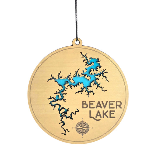 Beaver Lake wooden ornament with layered lake map design, round laser cut wood ornament showing blue painted water layer beneath engraved wood top, Beaver Lake souvenir gift