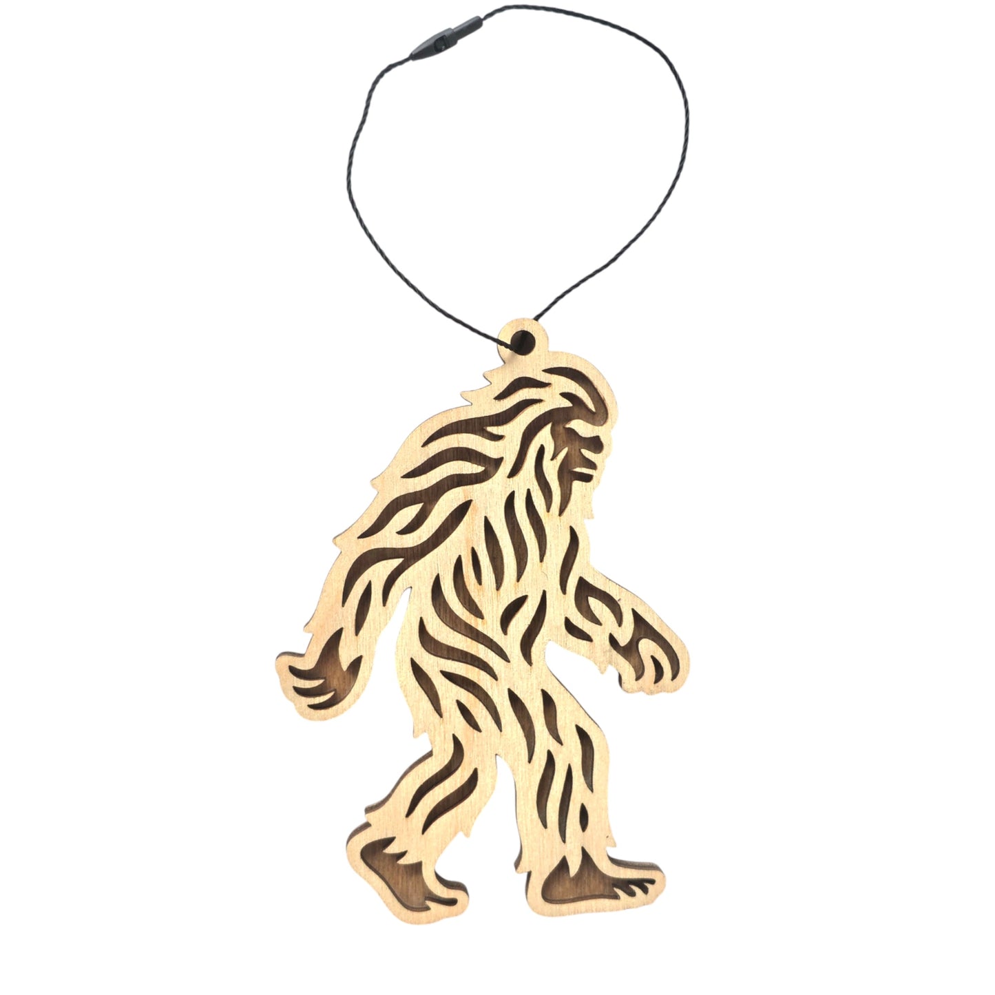 Bigfoot Sasquatch wooden ornament with textured cutout fur design, laser cut wood ornament with black hanging cord for holiday or cabin decor