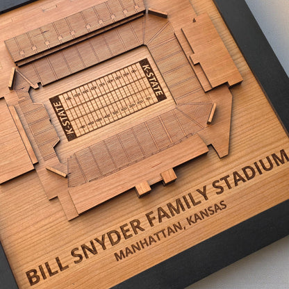 Angled detail view of Bill Snyder Family Stadium wood map highlighting engraved field markings and K State lettering, college football stadium artwork