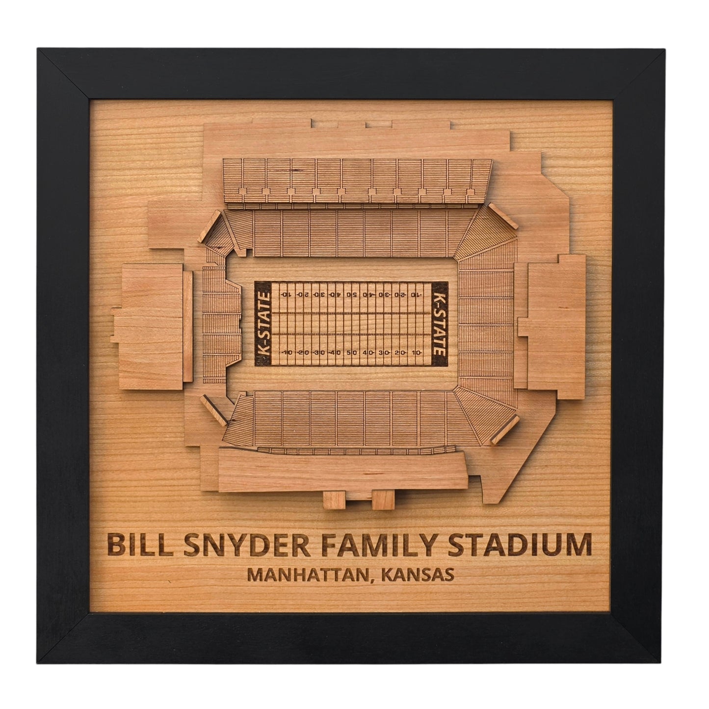 Framed Bill Snyder Family Stadium wooden stadium map showing layered overhead layout of Kansas State football stadium in Manhattan Kansas, laser cut wood wall art for college football fans