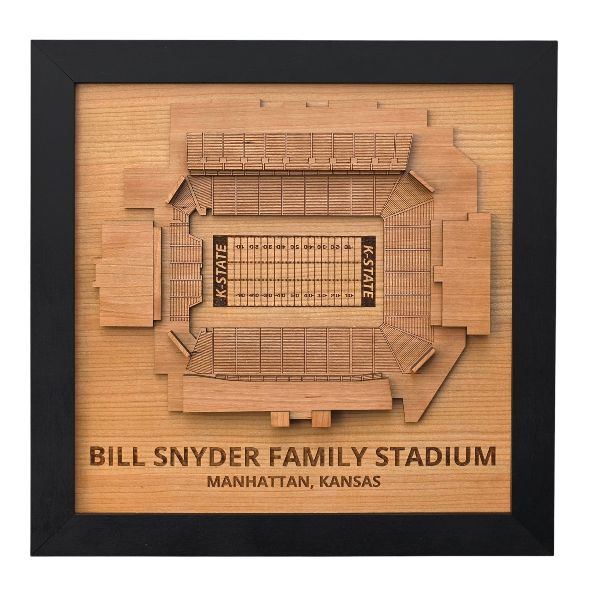 Framed Bill Snyder Family Stadium wooden stadium map showing layered overhead layout of Kansas State football stadium in Manhattan Kansas, laser cut wood wall art for college football fans