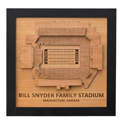 Framed Bill Snyder Family Stadium wooden stadium map showing layered overhead layout of Kansas State football stadium in Manhattan Kansas, laser cut wood wall art for college football fans
