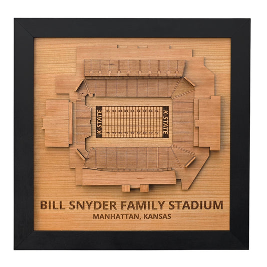 Framed Bill Snyder Family Stadium wooden stadium map showing layered overhead layout of Kansas State football stadium in Manhattan Kansas, laser cut wood wall art for college football fans