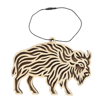 Layered bison wooden ornament with cut out textured fur front layer and stained solid back layer, wildlife ornament with black hanging cord
