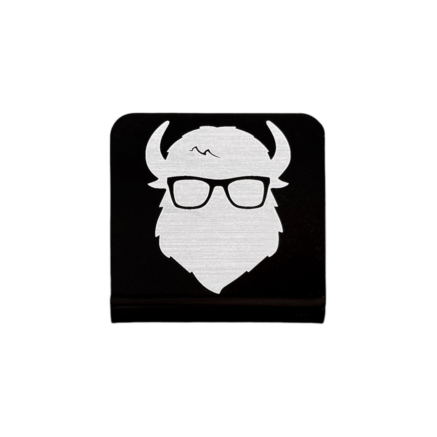 Square aluminum hat clip with Bison logo, brushed silver design on black background, minimalist hat accessory for casual wear or gift