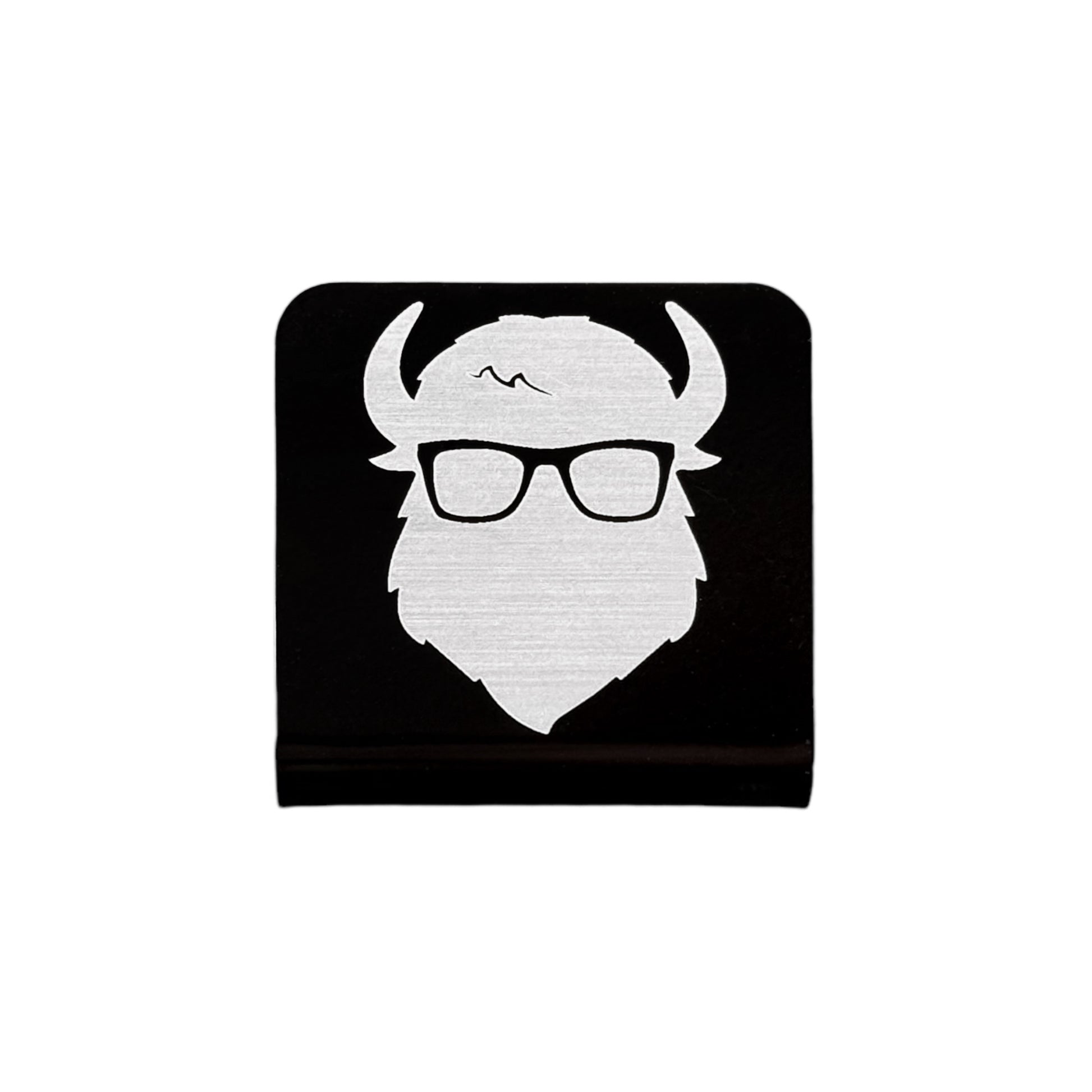 Square aluminum hat clip with Bison logo, brushed silver design on black background, minimalist hat accessory for casual wear or gift