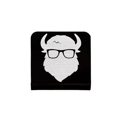 Square aluminum hat clip with Bison logo, brushed silver design on black background, minimalist hat accessory for casual wear or gift