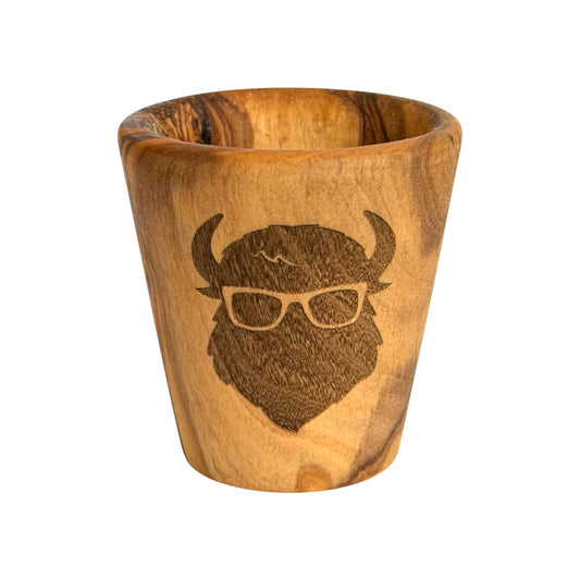 Bison olive wood shot glass with laser engraved buffalo wearing glasses, natural wooden shot glass for a bison gift, Western souvenir or Oklahoma travel keepsake