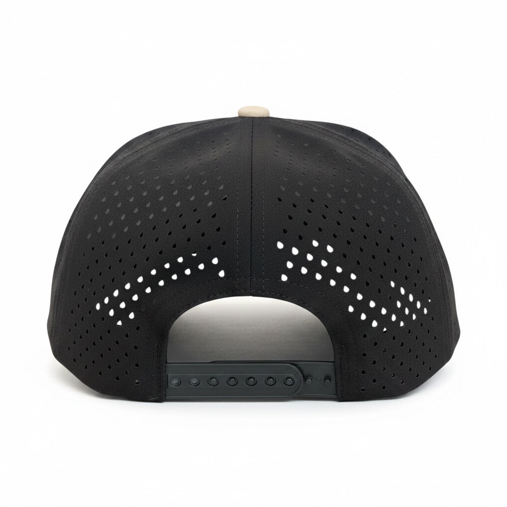 Rear view of black bison performance golf hat showing breathable laser-perforated side and back panels with adjustable snapback closure