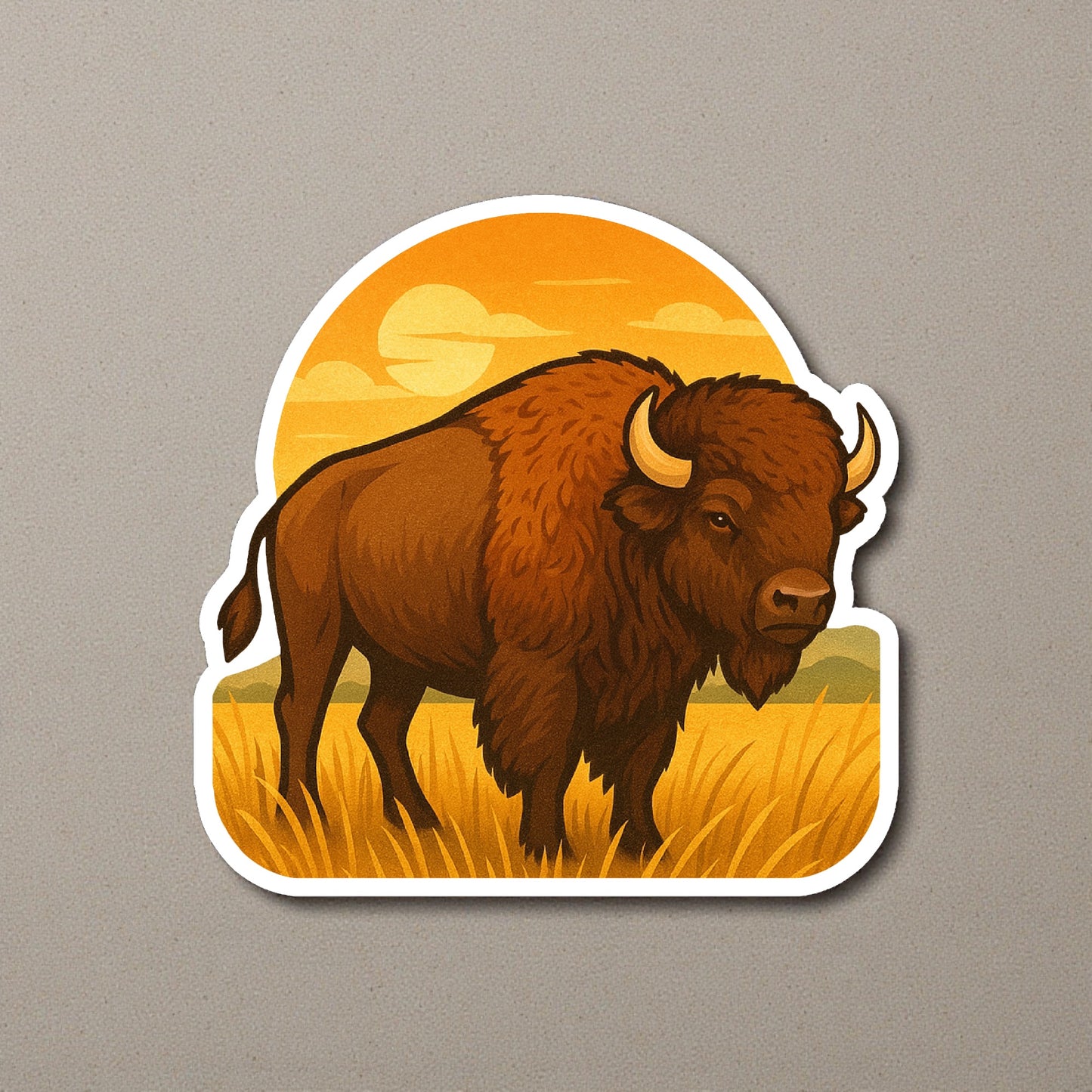 Die cut Oklahoma bison sunset prairie sticker displayed on a neutral wall surface, warm western prairie artwork with detailed brown bison and sunset background
