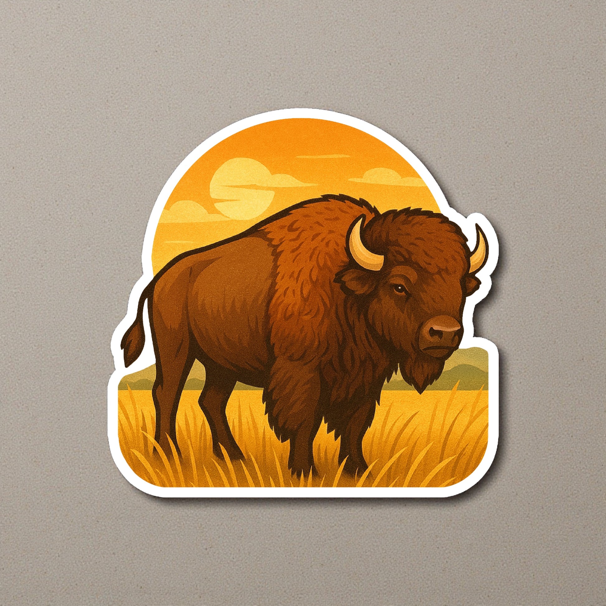 Die cut Oklahoma bison sunset prairie sticker displayed on a neutral wall surface, warm western prairie artwork with detailed brown bison and sunset background