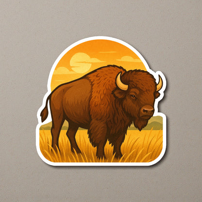 Die cut Oklahoma bison sunset prairie sticker displayed on a neutral wall surface, warm western prairie artwork with detailed brown bison and sunset background