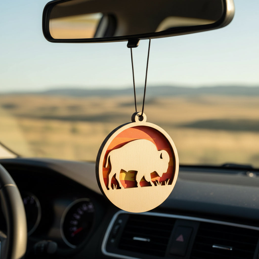 Layered wooden bison sunset car ornament hanging from rearview mirror, round laser cut wood design with buffalo silhouette against orange sunset background, rustic road trip auto accessory gift for Oklahoma travelers and national park fans in the USA
