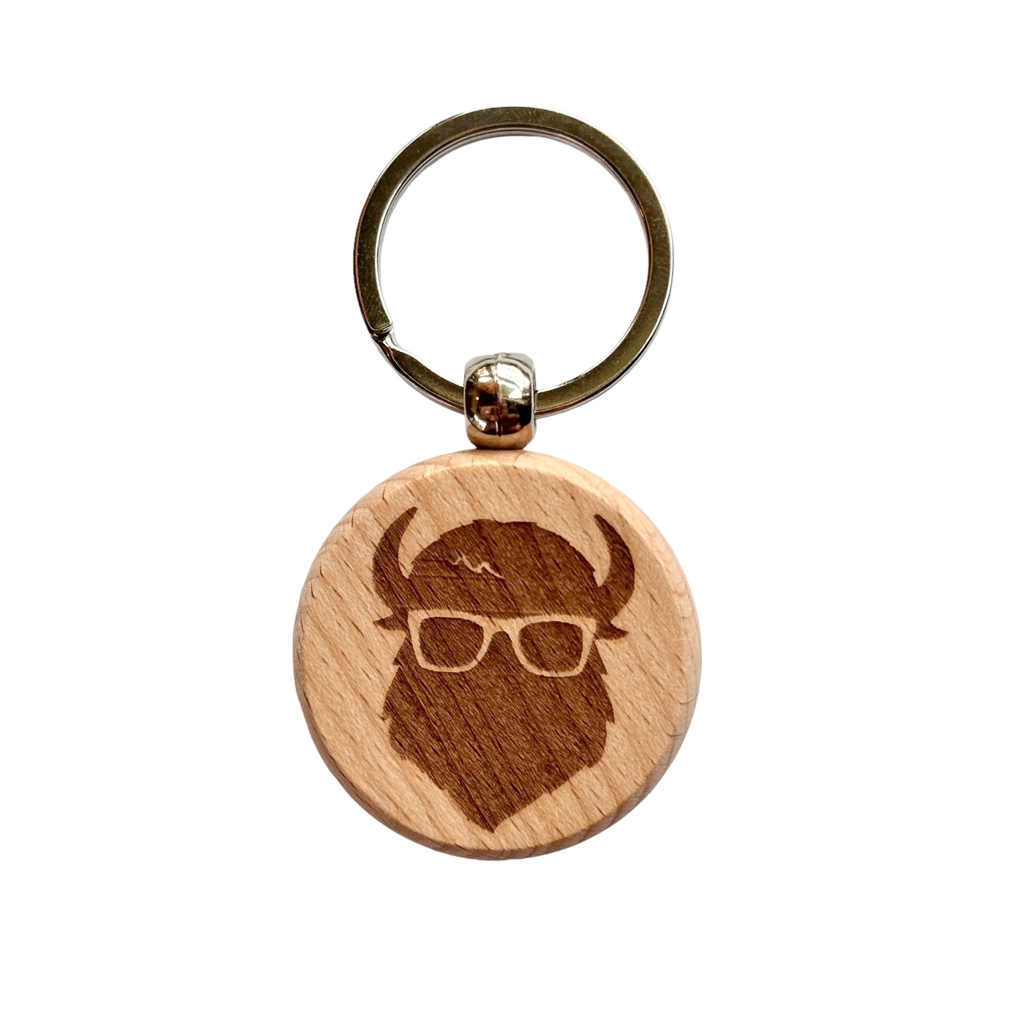 Bison wooden keychain with laser engraved bison wearing glasses, round wood keychain with metal ring for Tulsa or Oklahoma souvenir gift