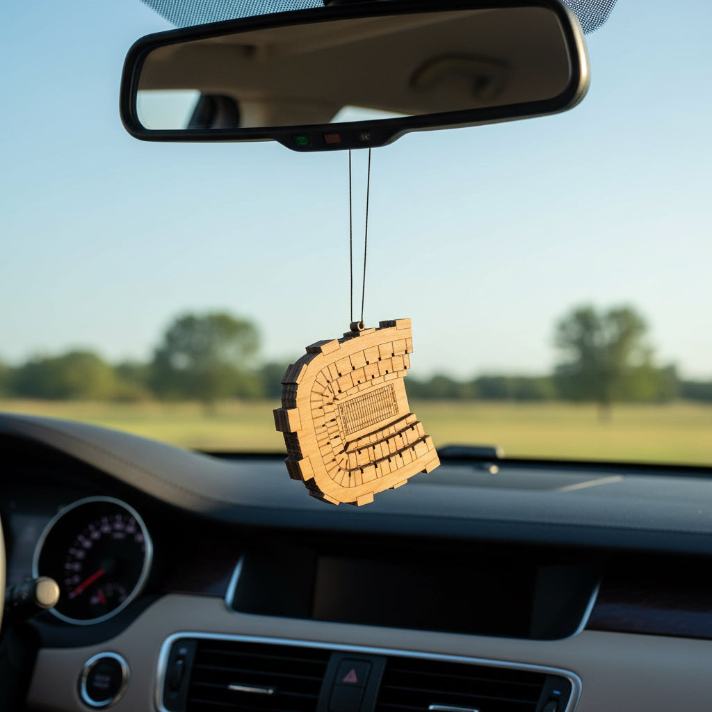 Wooden Boone Pickens Stadium car ornament hanging from rearview mirror, detailed top view football stadium design with layered wood construction, lightweight auto accessory gift for Oklahoma State fans, college football travelers, and USA stadium souvenir collectors