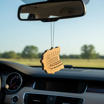 Wooden Boone Pickens Stadium car ornament hanging from rearview mirror, detailed top view football stadium design with layered wood construction, lightweight auto accessory gift for Oklahoma State fans, college football travelers, and USA stadium souvenir collectors