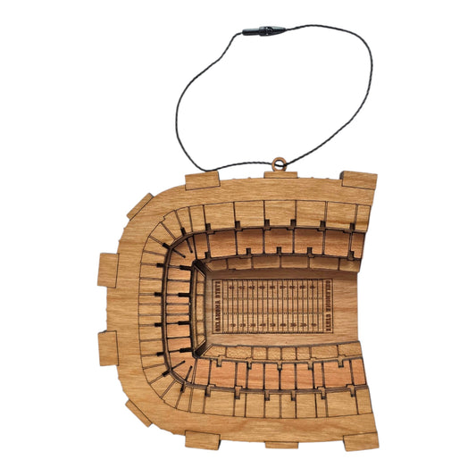 Wooden Boone Pickens Stadium ornament showing laser cut football stadium layout with seating sections and field markings, OSU football stadium ornament for Oklahoma State fan gift or Stillwater travel souvenir
