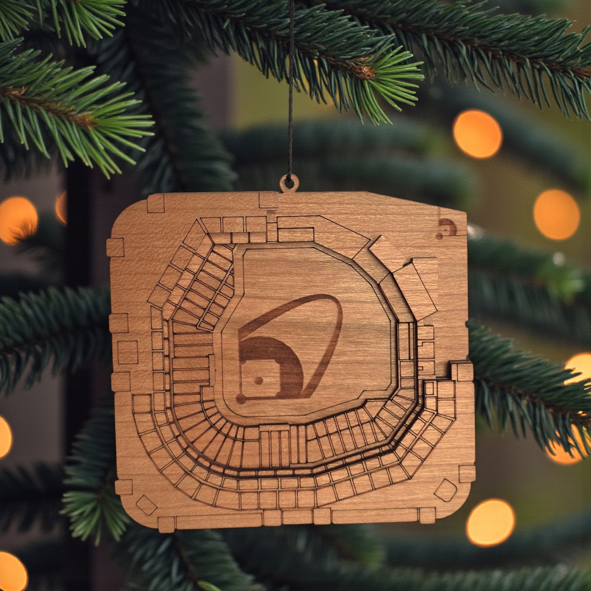 Busch Stadium wooden ornament hanging on evergreen tree with warm lights, laser cut MLB stadium ornament used as baseball Christmas decor