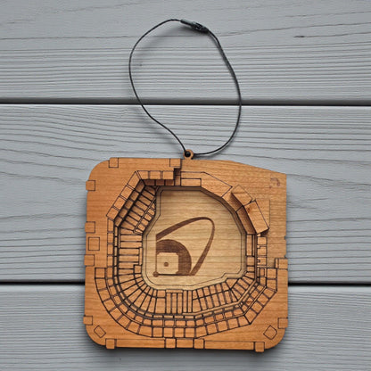 Flat lay of Busch Stadium wooden ornament with engraved seating and field layout, baseball stadium ornament made from wood for MLB fan decor
