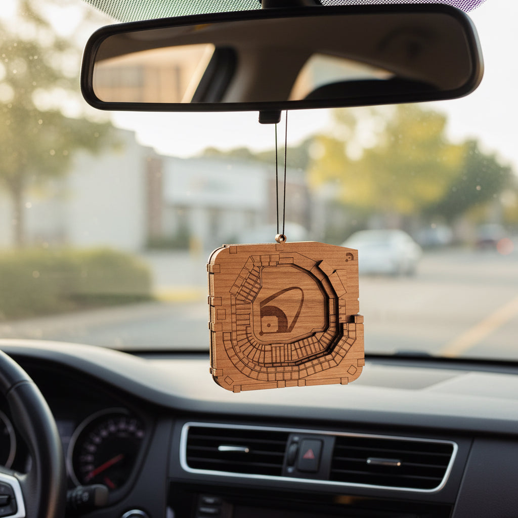 Wooden Busch Stadium car ornament hanging from rearview mirror, detailed top view baseball stadium design with engraved field and seating layout, layered wood auto accessory gift for St Louis baseball fans, road trip travelers, and USA stadium souvenir collectors