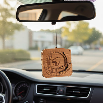 Wooden Busch Stadium car ornament hanging from rearview mirror, detailed top view baseball stadium design with engraved field and seating layout, layered wood auto accessory gift for St Louis baseball fans, road trip travelers, and USA stadium souvenir collectors